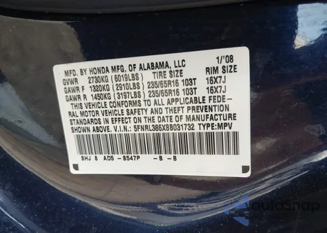 2008 Honda Odyssey Ex-L z USA, uszkodzony, nr VIN 5FNRL386X8B031732
